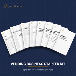 May include: A Vending Business Starter Kit featuring eight white document pages arranged in a fan shape. The pages display business templates including Excel sheets, operating procedures, customer messaging, maintenance logs, and a business playbook.