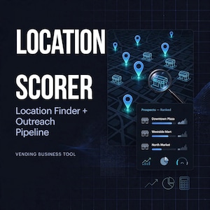 May include: A digital graphic for a vending business tool titled LOCATION SCORER, Location Finder + Outreach Pipeline. It features a dark blue map with glowing light blue location pins, a magnifying glass, and a list of ranked prospects.