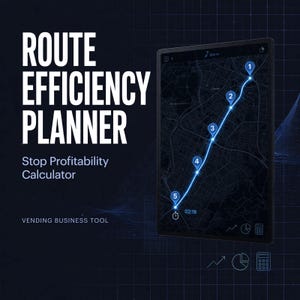Puede incluir: Una pantalla digital que muestra un planificador de eficiencia de rutas y una calculadora de rentabilidad de paradas para una herramienta de vending. La pantalla presenta un mapa oscuro con una ruta azul brillante que conecta cinco paradas.