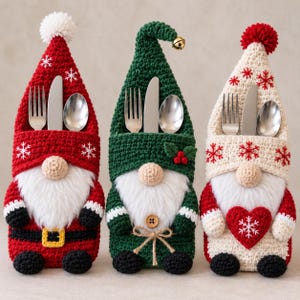 May include: Three crochet gnome silverware holders featuring red, green, and cream colors. Each gnome has a white faux fur beard, a tall pointed hat with a pom-pom or bell, and a pocket containing a silver fork, knife, and spoon set.