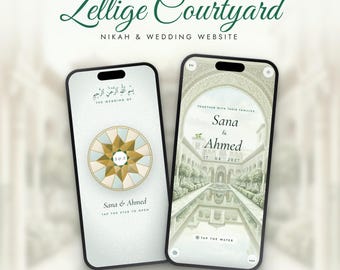 May include: Two smartphones display a digital wedding invitation template titled Zellige Courtyard. The screens feature a geometric star motif, the names Sana & Ahmed, the date 17-04-2027, and an illustration of a courtyard with a reflecting pool.