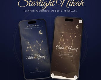 May include: Two smartphones displaying a Starlight Nikah Islamic wedding website template. The screens feature celestial designs with constellations, the names Aisha & Yusuf, and Arabic calligraphy against dark blue and brown backgrounds.
