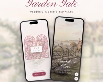 May include: Two smartphones displaying a wedding website template titled Garden Gate by Nuvox Digital Studio. The left screen shows a pink wrought iron gate graphic with C & O and 12-06-2027. The right screen shows a garden landscape with Charlotte & Oliver.