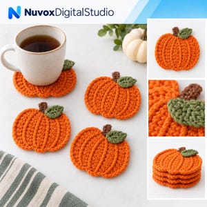 May include: A set of four orange crochet pumpkin coasters, each featuring a brown stem and a single green leaf. One coaster supports a ceramic mug, while another view shows a stack of the coasters. The design is textured with vertical ridges.