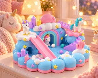 May include: A multi-level unicorn playset featuring a blue cloud base, a pink slide, a rainbow archway, and three small unicorn figurines. The structure is decorated with yellow stars, purple and pink crystals, and a small purple bridge.