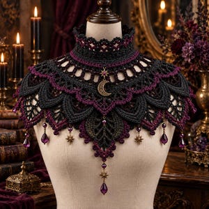 Gothic Crochet Capelet Pattern, Victorian Lace Stand Collar in Black and Plum