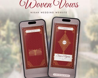 May include: Two smartphones display a digital wedding invitation featuring a deep red prayer rug design with gold ornate borders. The screens show the text Woven Vows, Nikah Wedding Website, S&A, and the names Sana & Ayaan with the date 09-04-2027.
