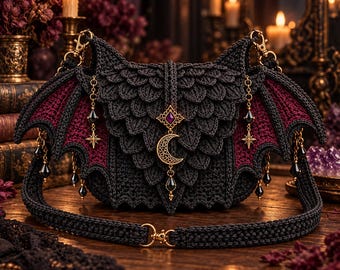 May include: A black crocheted handbag featuring a layered scale pattern, wing-shaped side panels with deep red accents, and gold-toned hardware. The bag is adorned with a central crescent moon charm, a purple gemstone, and dangling star and bead pendants.