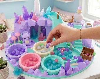 May include: A multi-level crystal cave playset featuring a purple dragon figurine, a slide, a bridge, and several circular basins filled with small, colorful spheres. The structure is decorated with various translucent crystal formations.