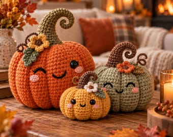 May include: Three crocheted pumpkins with smiling faces, rosy cheeks, and curled stems. The largest is orange with a yellow flower, the medium is sage green with an orange flower, and the smallest is golden yellow with a white flower.