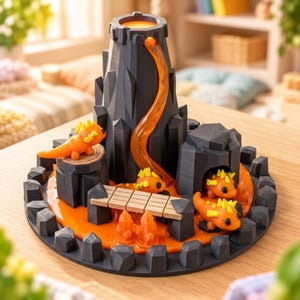 May include: A 3D printed black volcano model featuring a translucent orange lava flow, a wooden-style bridge, and several small orange creatures with yellow spikes positioned around the base and inside a cave-like structure.