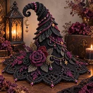 Könnte beinhalten: Ein schwarzer gehäkelter Spitzhut mit gebogener Spitze, verziert mit dunkelvioletten und schwarzen gehäkelten Rosen, komplizierten Blattmustern, baumelnden goldfarbenen Mond- und Sternanhängern sowie violetten Perlen im strukturierten Stoff.