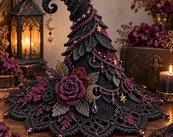 May include: A black crocheted pointed hat featuring a curled tip, adorned with dark purple and black crocheted roses, intricate leaf patterns, dangling gold-toned moon and star charms, and purple beads draped throughout the textured fabric.