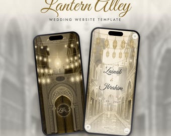 May include: Two smartphones displaying the Nuvox Digital Studio Lantern Alley wedding website template. The screens show an ornate archway, hanging lanterns, and the names Zainab and Ibrahim with the date 22 05 2027 in a sepia tone.