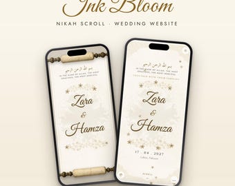 May include: Two smartphones display a digital wedding invitation titled Ink Bloom by Nuvox Digital Studio. The screens feature a scroll design with the names Zara & Hamza, the date 17.04.2027, and the text In the name of Allah, the most gracious.