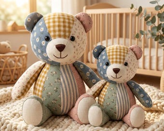 May include: Two plush teddy bears made of patchwork fabric featuring various patterns including blue with white daisies, yellow and white gingham, pink floral, and green with small flowers. Both bears have dark brown noses and stitched mouths.