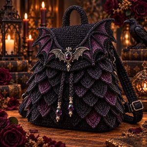Bat Backpack Crochet Pattern with Dragon Scale Texture, Gothic Witchcore Bag