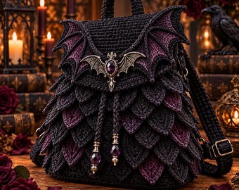 May include: A black and dark purple crocheted backpack featuring a layered scale-like texture. The flap is adorned with a metallic bat-shaped emblem centered with a purple gemstone. Two braided drawstrings hang down, finished with purple crystal beads.