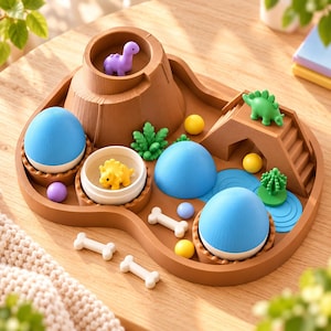 May include: A brown plastic dinosaur playset featuring a central volcano, a bridge with a green dinosaur, three blue and white egg-shaped structures, small yellow and purple spheres, white bone-shaped pieces, and green plant figurines.