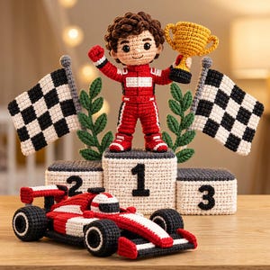 May include: A crochet amigurumi set featuring a race car driver in a red and white suit standing on a three-tiered podium labeled 1, 2, and 3. The driver holds a yellow trophy, flanked by two checkered flags and green laurel branches.