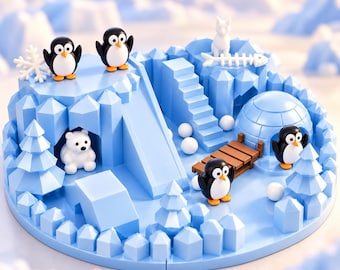 May include: A light blue plastic playset featuring a polar landscape with a slide, stairs, and an igloo. The set includes four small penguin figurines, a white polar bear, a white fox, a fish skeleton, and several geometric evergreen trees.