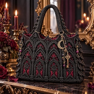 May include: A black crocheted handbag featuring an intricate gothic arch pattern over a deep red satin lining. The bag includes a top handle and a gold-toned charm attachment consisting of a crescent moon, a skeleton key, and small purple beads.