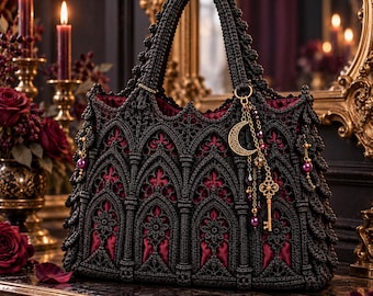 May include: A black crocheted handbag featuring an intricate gothic arch pattern over a deep red satin lining. The bag includes a top handle and a gold-toned charm attachment consisting of a crescent moon, a skeleton key, and small purple beads.