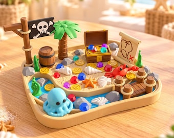 May include: A miniature pirate-themed island playset featuring a black skull and crossbones flag, a brown barrel, a palm tree, a treasure chest filled with colorful gems, gold coins, a map scroll, a red crab, and a blue octopus figurine.