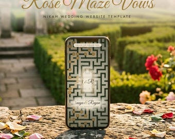 May include: A smartphone displaying a digital wedding website template titled Rose Maze Vows. The screen features a dark green maze graphic with gold accents, the initials I & R, and the names Inaya & Rayan. Text includes Nuvox Digital Studio.