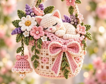 May include: A crocheted basket featuring a sleeping white kitten nestled among pink and white flowers, green leaves, and purple sprigs. The basket is adorned with a large pink bow, a hanging pink bell ornament, and small pearl-like accents.