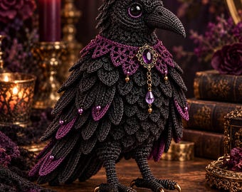 May include: A handcrafted crochet raven figurine featuring black and dark purple yarn feathers, adorned with a decorative lace collar, a central oval purple gemstone pendant, and small gold-toned accents. The bird has dark eyes and gold-toned claws.