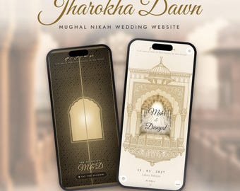 May include: Two smartphones display a digital wedding invitation titled Jharokha Dawn. The left screen is dark brown with a central arch, while the right screen is cream-colored with an intricate architectural illustration and the names Mehr & Danyal.