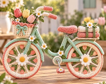 May include: A decorative crochet bicycle in mint green, featuring a front basket filled with pink and yellow tulips, a pink seat, and a rear rack carrying stacked items. The wheels are adorned with white daisy motifs and pink tulip accents.