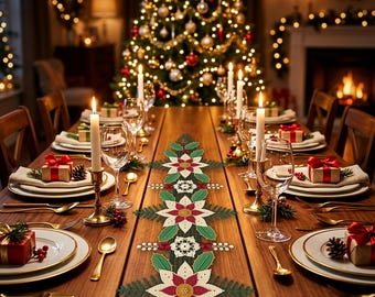 Frosted Noel Poinsettia Table Runner Crochet Pattern (PDF, 11 Languages)