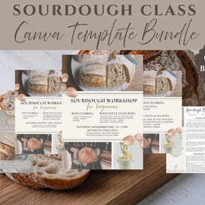 May include: A 6-page Canva template bundle for a sourdough class, featuring beige and brown color schemes. The designs include text headers like Sourdough Workshop for Beginners, lists of items to bring, and photos of baked bread loaves.