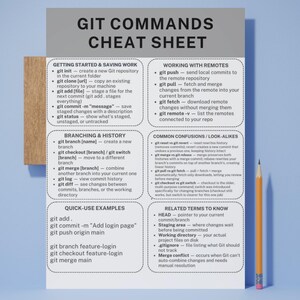 Peut inclure: Une fiche de r&eacute;f&eacute;rence Git Commands Cheat Sheet blanche et grise pr&eacute;sentant des sections sur le d&eacute;marrage, les d&eacute;p&ocirc;ts distants, le branchement, l'historique, les confusions courantes et des exemples. Un crayon jaune est plac&eacute; &agrave; droite.