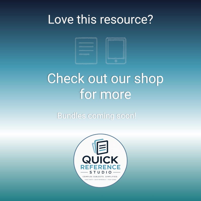 Peut inclure: Un graphique num&eacute;rique avec un fond d&eacute;grad&eacute; bleu affichant le texte Love this resource? Check out our shop for more. Bundles coming soon! Inclut des ic&ocirc;nes de document et de tablette, ainsi qu'un logo circulaire Quick Reference Studio.