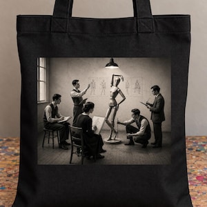 Peut inclure: Un sac fourre-tout noir orné d'une impression monochrome représentant plusieurs personnes en tenue formelle dessinant un mannequin d'artiste en bois dans un atelier sous une lampe suspendue, avec des croquis visibles sur le mur.