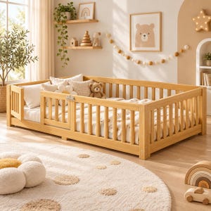 Op de afbeelding: Een laag houten vloerbedframe met verticale lattenhekken aan alle kanten en een scharnierend hekgedeelte. Het bed is opgemaakt met wit beddengoed, een kussen met ruitpatroon, een bloemvormig kussen en een kleine bruine teddybeer.