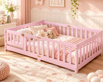Montessori Bed With Rails, Floor Bed With Rails, Toddler Floor Bed, Wooden Kids Bed, Safety Rail Bed, Low Profile Montessori Kids Bed Frame