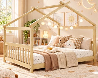 Montessori tentbed met zijrails, vloerbed met zijrails, peuterhuisbed, houten kinderbed, bed met veiligheidsrails, laag hemelbedframe