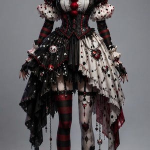 May include: A split-color costume featuring a black and white bodice with red pom-poms, a ruffled collar, and a high-low skirt with polka dots. The outfit includes mismatched striped and diamond-patterned hosiery, fingerless gloves, and skull charms.
