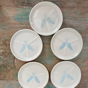 Set of 5 Vintage Franciscan Oasis MCM Coasters/Butter Pats - Blue Wheat Atomic MCM Earthenware, 1950s California Pottery, Gladding McBean