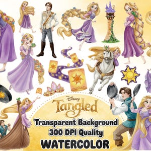 May include: A collection of Disney Tangled watercolor illustrations featuring Rapunzel in a purple dress, Flynn Rider, Maximus the horse, a stone tower, floating lanterns, a frying pan, a sun emblem, and a boat, with the text Disney Tangled.