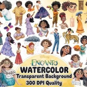 May include: A collection of watercolor illustrations featuring characters from the Disney movie Encanto, including various figures in colorful outfits, a jaguar, a candle, and a butterfly, with the text Disney Encanto WATERCOLOR Transparent Background 300 DPI Quality.