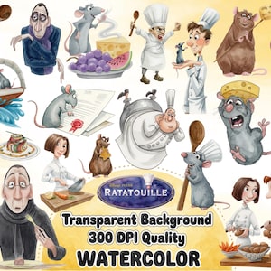 Op de afbeelding: Een verzameling aquarelillustraties met personages uit de film Ratatouille, waaronder de rat Remy, Linguini en Anton Ego. De afbeeldingen tonen diverse kookscènes, etenswaren zoals kaas en druiven, en de tekst van het Ratatouille-logo.