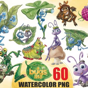 May include: A collection of watercolor illustrations featuring characters from A Bug's Life, including blue ants, a green caterpillar, a grasshopper, and a ladybug. A central green leaf graphic displays the text A Bug's Life and 60 Watercolor PNG.