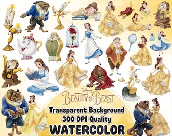 Pode incluir: Uma coleção de ilustrações em aquarela com personagens e objetos de A Bela e a Fera, incluindo Bela, a Fera, Lumière, Horloge, Sra. Potts e uma rosa em uma cúpula de vidro, com o texto Beauty and the Beast exibido.