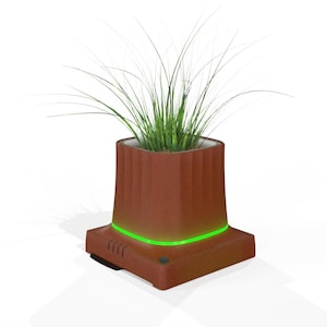May include: A square brown planter with vertical ribbed sides containing a cluster of thin green grass blades. The base of the planter features a glowing neon green light strip that encircles the perimeter, providing a distinct illuminated accent.
