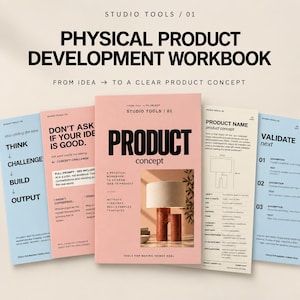 May include: A physical product development workbook titled Product Concept, featuring a pink cover with a lamp illustration. The workbook is displayed alongside several open pages with text, diagrams, and structured prompts for product design.